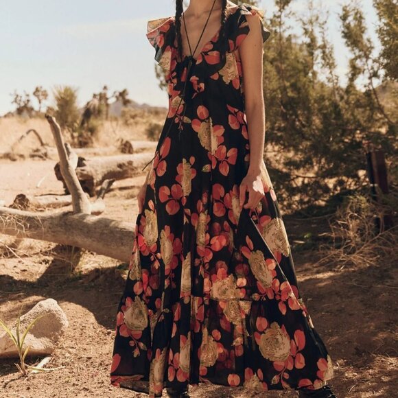 NWoT  The GREAT. The Geranium Midi Dress Romantic Ruffle V-Neck Cabbage Rose - Picture 4 of 16